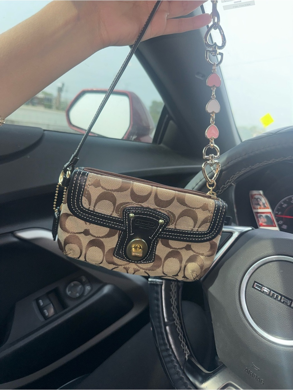 Coach Brown Signature Canvas Wristlet with Black Trim